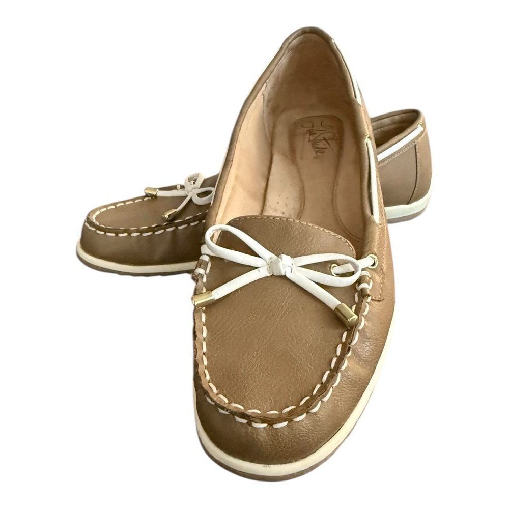 Life Stride Women's Tan Leather Boat Moccasin Loafers with White Lacing Size 9